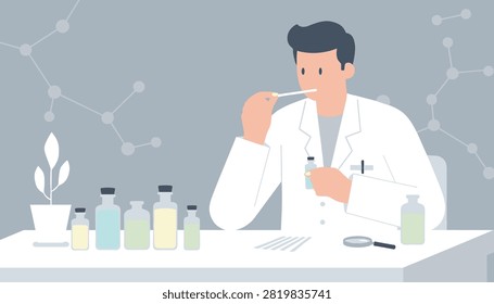 Researcher in white coat testing perfume scent with a test strip and sample bottles.
