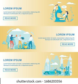 Researcher Working with Microscope at Chemical, Medical, Hospital Laboratory. Business People Receiving Franchise Royalty. Family Couple Refueling Car. Header Banner Set. Vector Illustration