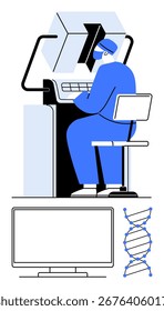 Investigador trabajando en teclado, pantalla de computadora, doble hélice de ADN y monitor en blanco. Ideal para la investigación científica, biotecnología, genética, análisis de datos, laboratorios de biología molecular