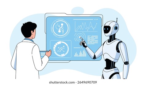 Pesquisadores e robótica avançada colaborando em inovações complexas de visualização de dados e descoberta científica
