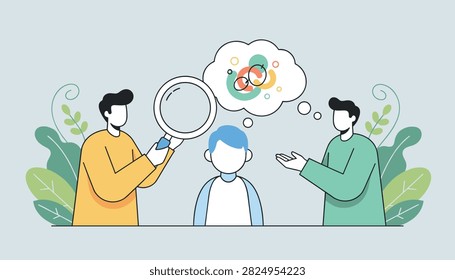 Researchers analyzing a child cognitive development and thinking process using a giant magnifying glass.