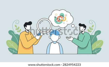 Researchers analyzing a child cognitive development and thinking process using a giant magnifying glass.