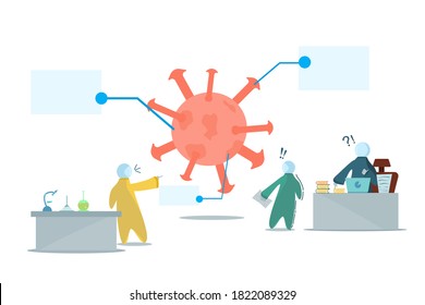 Researchers are analyzing viral pathogens to create vaccine For use in the prevention of epidemics.  COVID 19 PROTECTION research. vector cartoon flat style illustration for  Invention of vaccine