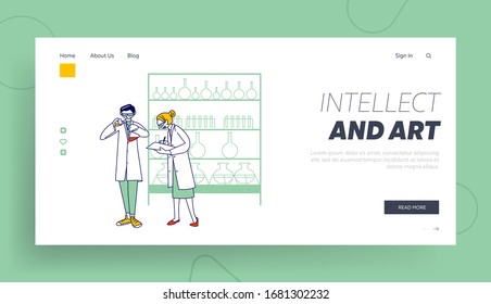 Researchers in Chemical Lab Landing Page Template. Chemist Characters in Conduct Experiment in Science Laboratory. Man Pouring Liquid to Glass Flask, Woman Write. Linear People Vector Illustration