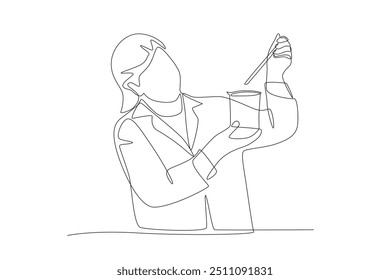 Researchers conducted experimental tests of chemical solutions. Lab experiment concept one-line drawing