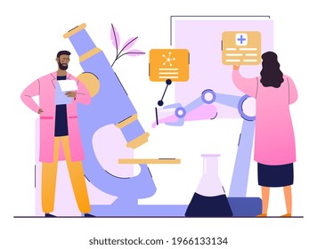 Researchers Conducting Study Dna Molecule With Microscope In Lab. Drug Development, Modern Clinic. Flat Abstract Metaphor Cartoon Vector Illustration Concept Design. Isolated On White Background.