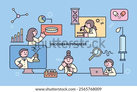 Researchers are developing a vaccine. Concept illustration of an organized structure. Cuttiny character with outline.