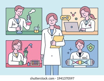 Researchers doing various experiments in the lab. flat design style minimal vector illustration.