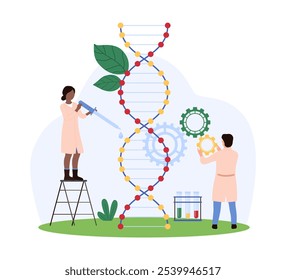 Researchers engage in precision genetic engineering, adjusting DNA sequences with high-tech tools and gears, representing breakthroughs in biotechnology vector illustration