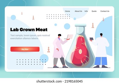 researchers examining beef steak in test tube made from animal cells artificial lab grown meat production scientific research