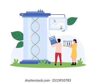 Los investigadores examinan las estructuras del ADN con tubos de ensayo y calculadoras, analizando los datos en una pantalla. La Grande hélice de ADN mostraba una Ilustración vectorial prominente.