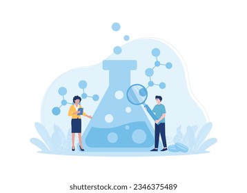 Researchers are examining Erlenmeyer flasks trending concept flat illustration.