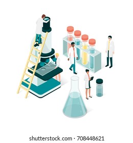 Researchers in the laboratory, they are analyzing a sample using a microscope and checking test tubes: science and medical research concept