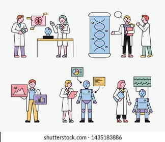 Researchers at a research institute developing robot technology. flat design style minimal vector illustration.