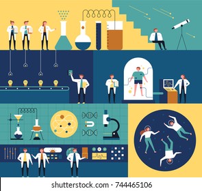 Researchers in the science lab and various laboratory concept designs. vector illustration flat design