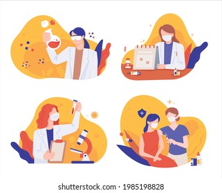 Researchers studying viruses to develop vaccines and doctors immunizing people.  flat design style minimal vector illustration.