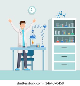 Researchers success flat vector illustration. Happy scientist, chemist excited about successful experiment. Cartoon pharmacologist making new formula discovery, medical breakthrough