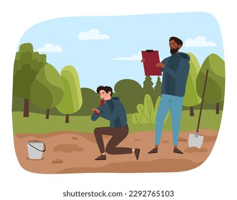 Researchers take samples biomaterial. Woman and man with shovel analyze composition of soil. Biologists and scientists in nature in forest. Explorers work in park. Cartoon flat vector illustration