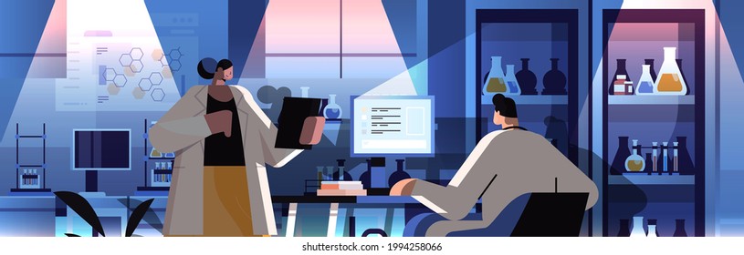 researchers team working on computer and making chemical experiments in laboratory molecular engineering