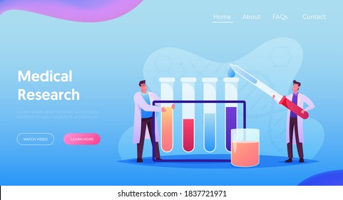 Researchers with Test Tubes in Chemical Lab Scientific Research Landing Page Template. Tiny Scientist Characters Conduct Medic Research or Experiment in Laboratory. Cartoon People Vector Illustration