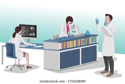 researchers wearing lab coats working in a science lab, vector illustration