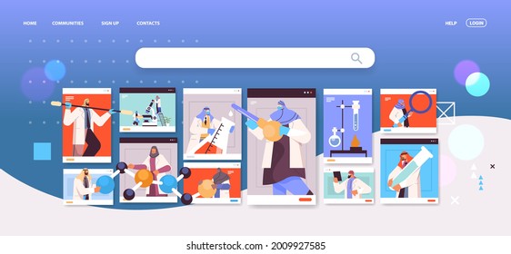 researchers working with test tubes in web browser windows arabic scientists making chemical experiments in laboratory