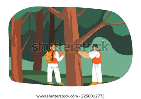 Researches and analysis of scientists measuring tree trunk in woods. Environmental problems and pollution, care for nature and biodiversity safety, ecological awareness. Vector in flat style