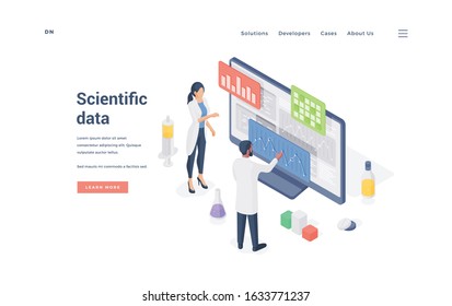 Researches Analyzing Scientific Data On Computer. Man And Woman In Lab Coats Analyzing Scientific Data On Modern Computer On Vector Banner Of Website Offering Research Service. Isometric Illustration