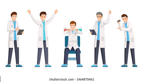 Researches flat vector characters set. Happy researchers wearing white coats cartoon characters. Cheerful lab workers with flasks, folders showing excitement, eureka gesture, raised index finger