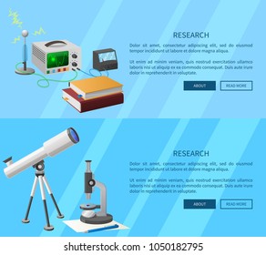 Researches on electronics and natural sciences with modern powerful equipment, telescope with big zoom and convenient microscope vector illustrations.