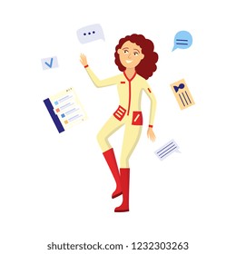 Researching and analysis of different sources of information concept - young woman in cosmonaut costume flies surrounded by e-mails and chats in isolated cartoon vector illustration.