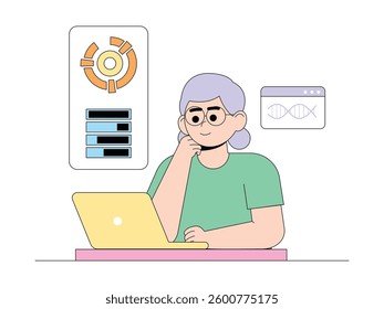 Researching data with diagrams created by a system, semi outline style, research vector illustration.