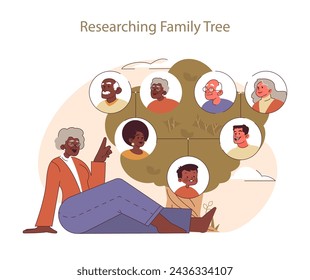 In: Research Family Tree Concept. Ältere Menschen verfolgen die Abstammung, feiern das familiäre Erbe. Geschichten unserer Vorfahren aufdecken, Wurzeln und Identität annehmen.