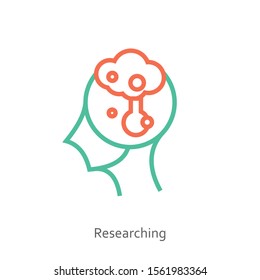 Researching icon concept in the drawing of human brain isolated on white background, vector and illustration.
