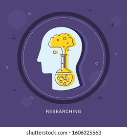 Researching icon concept in the drawing of human brain isolated on purple background