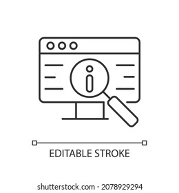 Researching Information Online Linear Icon. Collect Data Via Internet. Internet-based Resources. Thin Line Customizable Illustration. Contour Symbol. Vector Isolated Outline Drawing. Editable Stroke