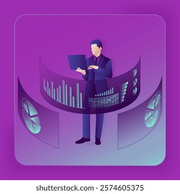 Researching information from reports and surveys in the decision-making process. Male. Glass morphism. Vector illustration.