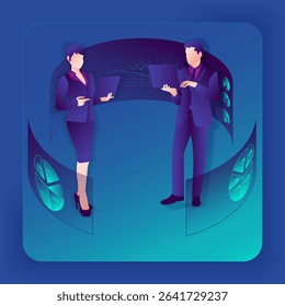 Researching information from reports and surveys to identify problems or opportunities. Glass morphism. Vector illustration.