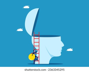 Researching innovation. Businessman holding a light bulb climbs the stairs on a big head