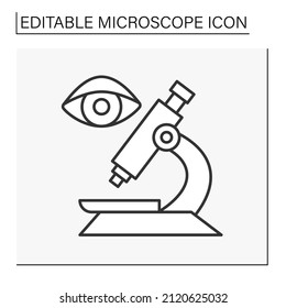  Zeilensymbol wird researmiert. Analyse des Auges nach Mikroskop. Wissenschaftskonzept. Einzige Vektorgrafik. Bearbeitbarer Hub