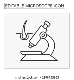  Researching line icon. Analyzing hair follicles by microscope. Hair loss. Science concept. Isolated vector illustration. Editable stroke