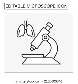  Icono de la línea de búsqueda. Analizando pulmones por microscopio. Neumonía. Órgano interno de examen. Buscando enfermedades. Concepto de ciencia. Ilustración vectorial aislada. Trazo editable
