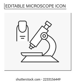  Researching line icon. Analyzing nails by microscope. Science concept. Isolated vector illustration. Editable stroke