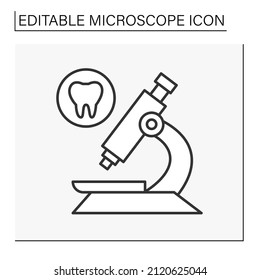 Researching line icon. Analyzing teeth by microscope. Science concept. Isolated vector illustration. Editable stroke