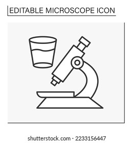  Researching line icon. Analyzing water by microscope. Drinking water examination. Science concept. Isolated vector illustration. Editable stroke