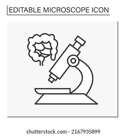  Researching line icon. Gastrointestinal tract part. Analyzing intestines by microscope. Examination internal organ. Science concept. Isolated vector illustration. Editable stroke