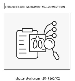 Researching line icon. Lungs diagnostic. Covid19 disease. Examination of internal organs. Diagnosis and treatment. Health information management concept. Isolated vector illustration. Editable stroke