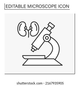  Icono de línea de investigación.Análisis de riñones por microscopio. Órgano interno de examen. Buscando enfermedades. Concepto de ciencia. Ilustración vectorial aislada. Trazo editable
