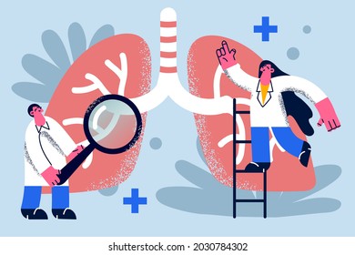 Researching lungs in medicine concept. Young woman and man doctors medical workers investigating huge lungs together with ladder and magnifier vector illustration 