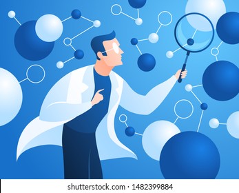 Researching scientist. Doctor in lab coat checks neural structure artificial neurons. Innovation scientific research vector algorithm pathway hold progress data concept